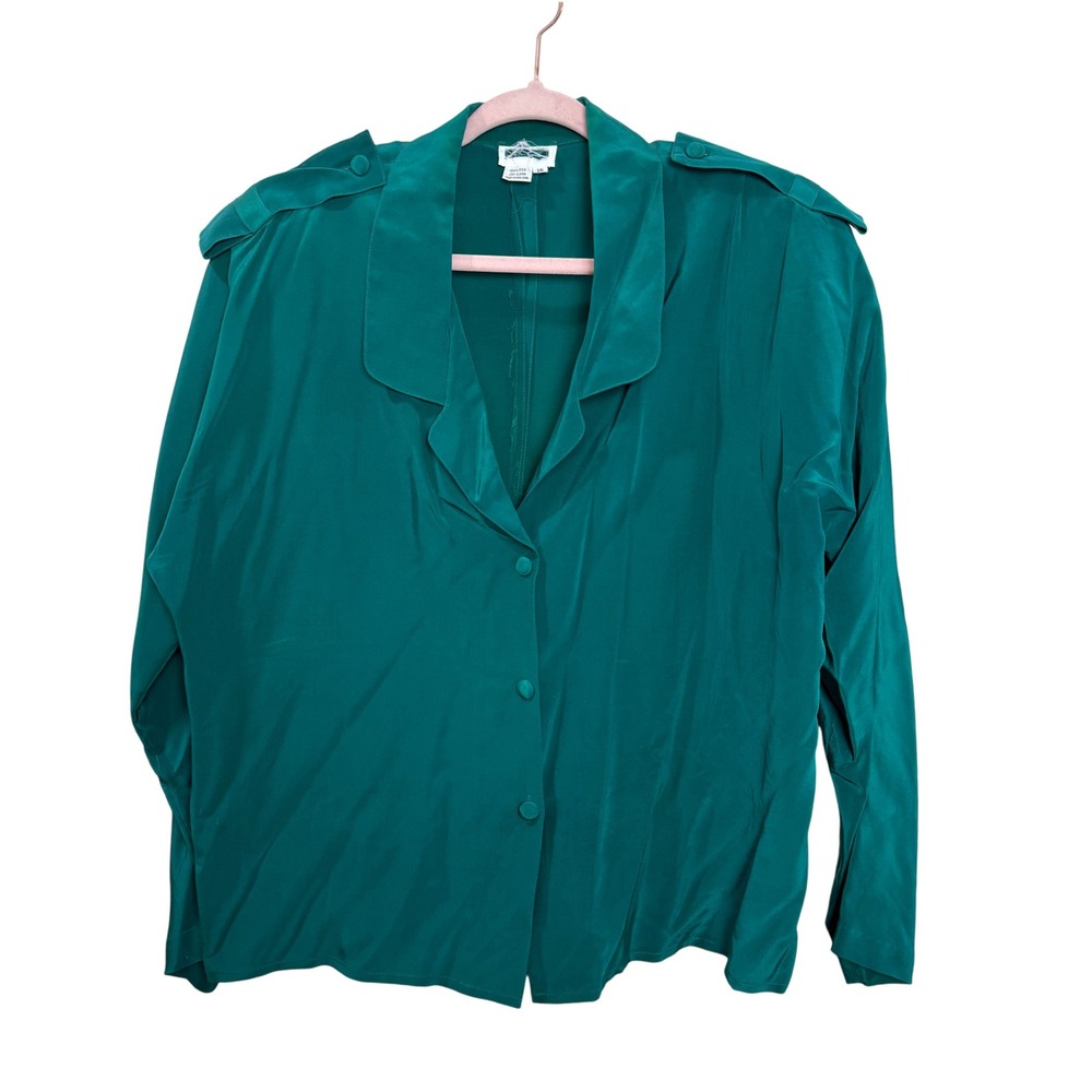 Vintage Teal Green 90s Collared Blouse Retro Funk Shoulder Detail Office Silk 16